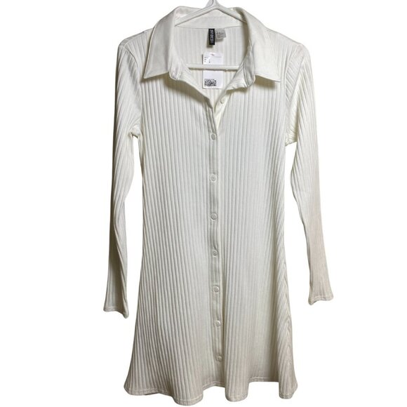 H&M Divided NWT Ribbed Front Buttons Collared Swing Dress Business Size L White - Picture 1 of 6